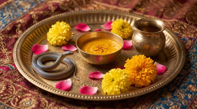 Nag Panchami, close-up pooja thali with turmeric, milk, incense, flowers, snake statue, Ai generated images