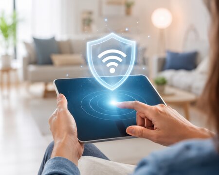 Secure Home Network: A person's hand touches a tablet displaying a glowing shield icon with a WiFi symbol, indicating home network security and digital protection.