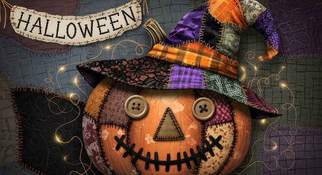 A spooky and delightful halloween scene featuring a carved pumpkin with a witch's hat