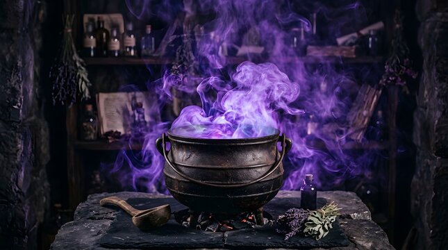 A mystical cauldron bubbles with a vibrant purple potion suggesting a magical and spooky halloween night