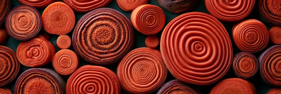 Vibrant Sliced Carrots Artfully Arranged, Showcasing Colors and Patterns on a Rustic Wooden Board