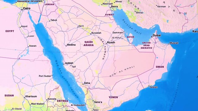 Detailed Map of Middle East Showing Persian Gulf, Gulf of Oman, Red Sea, Iran and Saudi Arabia with Regional Borders and Geography