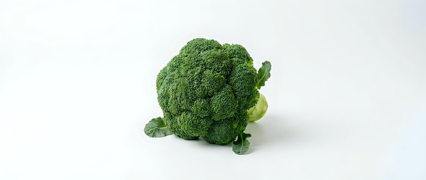 Fresh green broccoli head with florets on white background
