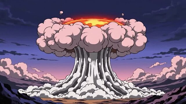 Vibrant anime style nuclear explosion with a rising mushroom cloud and billowy smoke effects