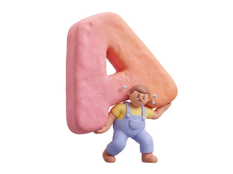 3D clay character struggling to carry giant letter A, claymorphism style illustration isolated