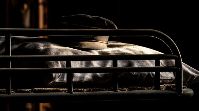 barracks. An abandoned military bunk bed with a single cap on the pillow. event key visuals, club posters, designed for sports event promotions and stadium branding, used by event planners.