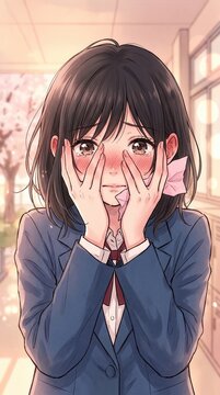 Anime schoolgirl crying and covering her blushing face with her hands. School hallway with cherry blossoms visible through the window.