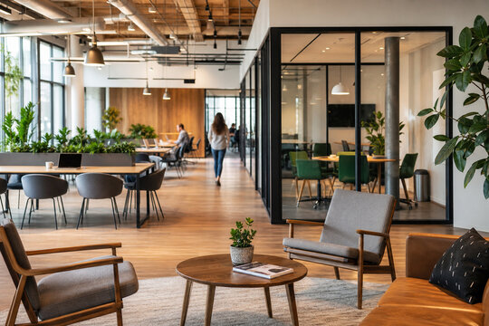 Bright modern office interior with a spacious lounge and open workspace, plants, stylish seating, glass walls, warm light, and a collaborative atmosphere.