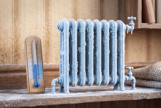 A radiator is covered in frost while a wooden thermometer on a shelf displays low temperatures. The scene suggests a very cold indoor environment, likely during winter