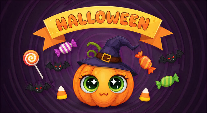 A delightful halloween scene featuring a cute pumpkin candy and festive decorations for a