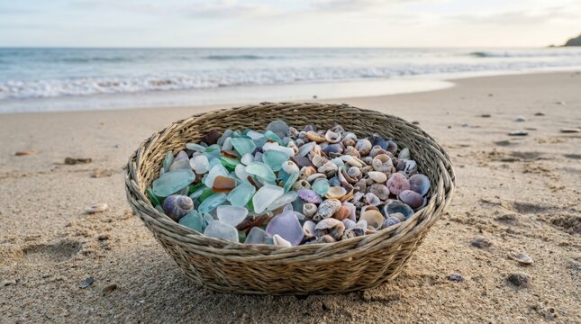 Woven basket filled with colorful sea glass and seashells resting on a sandy beach with ocean waves in the background