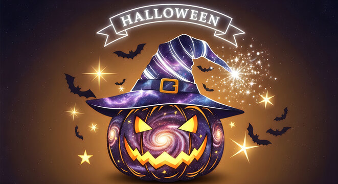 A vibrant and spooky halloween scene featuring a magical pumpkin witch hat with glowing