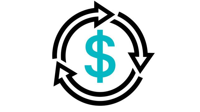 Financial cycle icon with teal dollar sign and black circulating arrows. Money flow, economic activity, and business transactions.