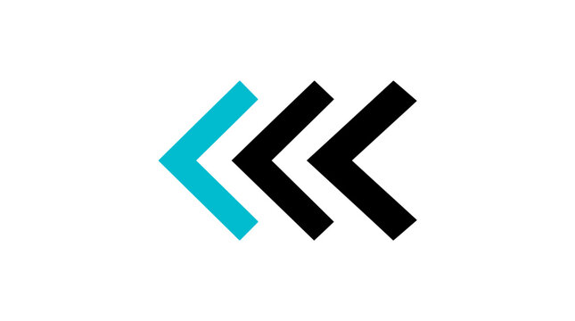 Modern graphic design element featuring a set of three left-pointing chevron arrows in blue and black colors on a white background.