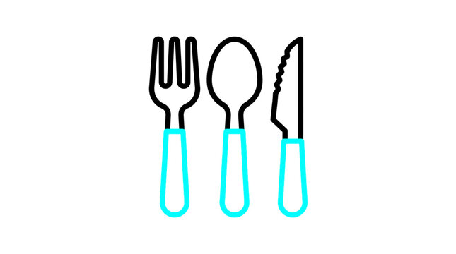 Graphic outline icon of modern dining cutlery set, featuring a fork, spoon, and knife with stylish blue handles.