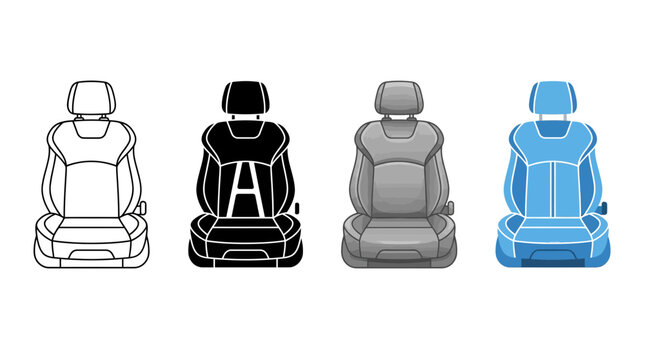 Automotive Car Seat Vector Icon Set. Modern Vehicle Interior Design Elements in Outline, Silhouette, Gray, and Blue Styles.