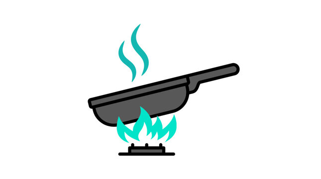 Frying pan cooking on a gas stove burner with blue flames and rising steam. Kitchen utensil for food preparation icon.