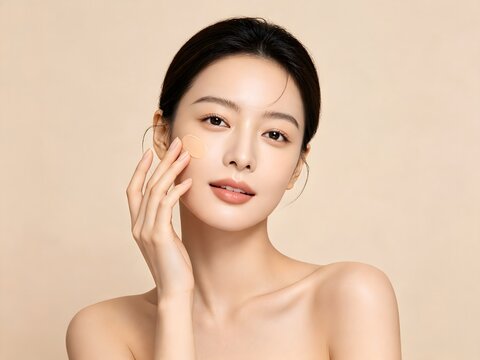 Beautiful woman applying liquid foundation to her clear skin