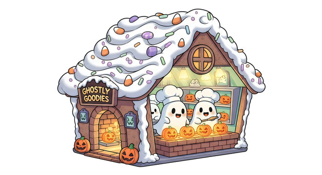 Cute little house with friendly ghosts celebrating a fun and spooky hallowen party scene
