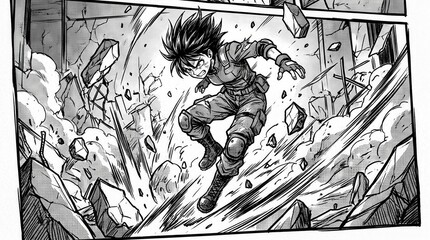 Fototapeta premium Anime warrior jumping through exploding debris wearing combat gear. Manga style with dramatic action lines in monochrome.