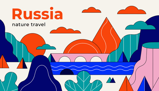 Russia Nature Travel: Vibrant Geometric Landscape with Mountains, River, Bridge, and Clouds - Flat Design