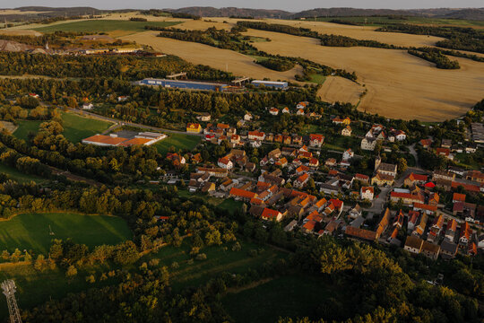 Aerial drone view of Gorndorf at sunset