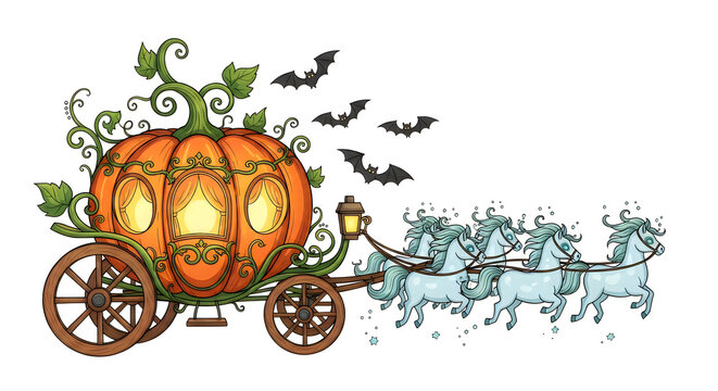 Whimsical pumpkin carriage illustration for a magical hallowen celebration with cute flying bats