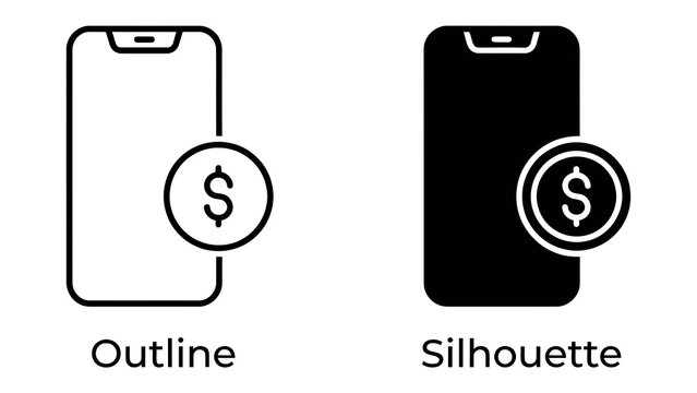 Smartphone Payment Icons: Two distinct icons represent smartphone payment options &ndash; one in outline and the other in silhouette, featuring a dollar coin symbol to denote financial transactions.