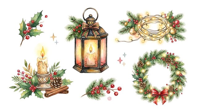 Watercolor christmas decorative elements set isolated on white background