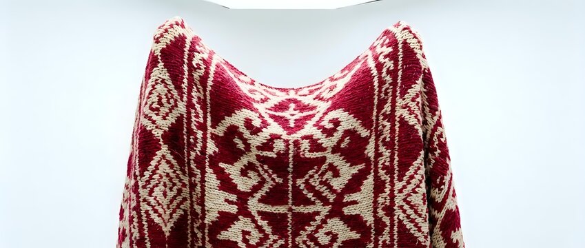 Burgundy and cream knit sweater with geometric fair isle pattern