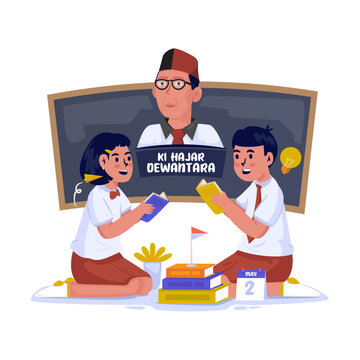 National Education Day with Two Students Reading Books Vector Illustration