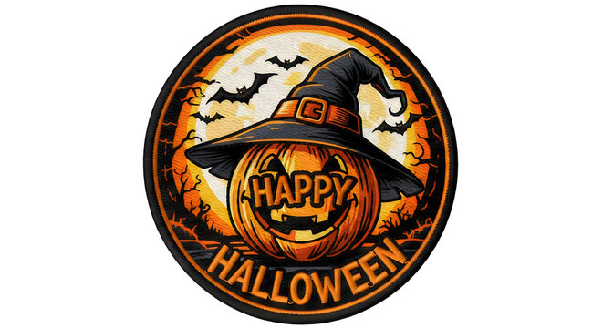 Round decorative sign featuring a spooky pumpkin wearing a witch hat for hallowen celebration