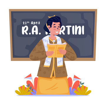A woman wearing traditional kebaya reading a book in celebration of Kartini Day Vector Illustration