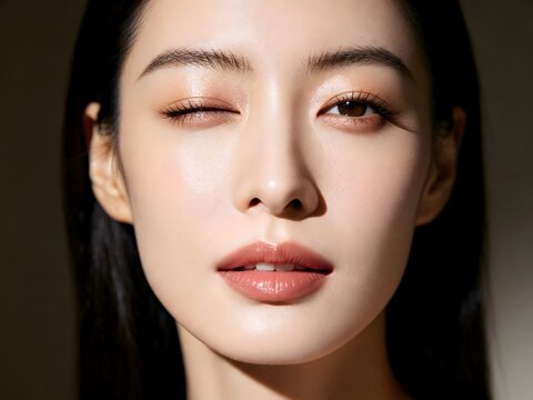 Radiant asian woman winking with glowing skin and soft makeup