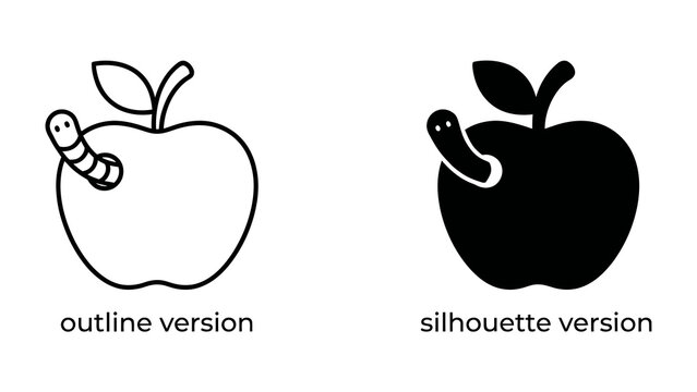 Apple and Worm Outline and Silhouette: A simple graphic featuring an apple with a worm emerging, presented in both an outline and a solid silhouette style.