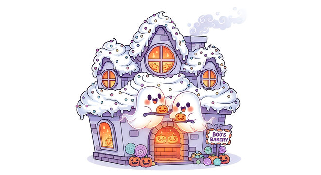 A whimsical hand drawn illustration of a spooky house for a hallowen celebration