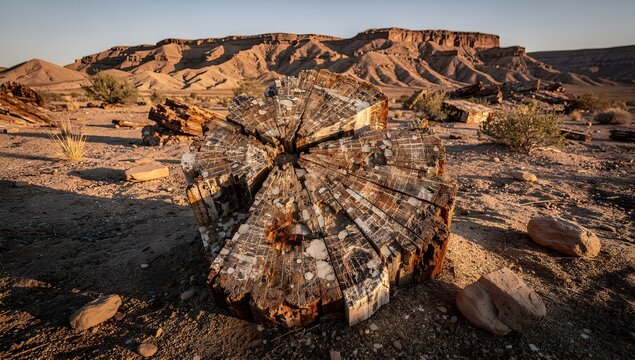 Petrified wood fossil with mineralized grain in an arid geological landscape