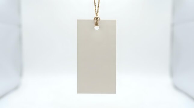 Blank kraft paper gift tag with twine loop hanging against white