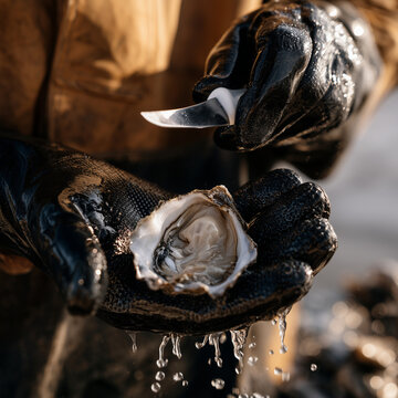 Gloved Hands Shucking Fresh Oyster