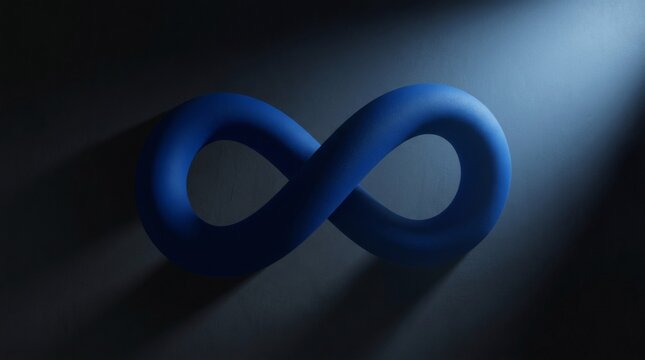 Blue infinity symbol on dark background, 3D matte loop sign, conceptual endless cycle icon for business and technology