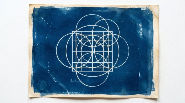 Cyanotype blueprint of geometric sacred geometry, vintage sun print on aged paper, architectural math drawing with circles and squares