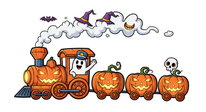 Cute watercolor illustration of a pumpkin train celebrating the fun hallowen holiday season