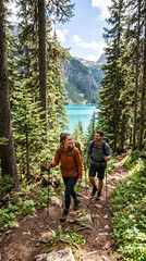 Obraz premium Two people hiking a wooded trail towards a bright turquoise lake and mountains, representing adventure, nature, and exploration