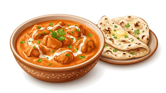 Delicious Chicken Curry in Traditional Bowl with Butter Naan on White Background for Culinary Blogs and Restaurant Menus