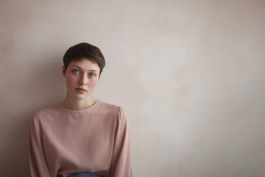 Calm Minimalist Portrait of Young Woman with Copy Space