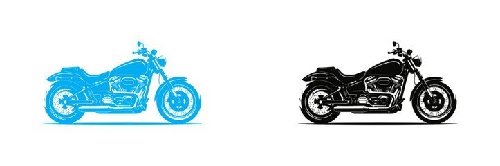 Motorcycle Icon Classic Cruiser  Set Featuring Light Blue Silhouette and Detailed Black Motorbike Side View Isolated on White Background Vector Illustration for Automotive Design, Biker Club Logo . © Nabila