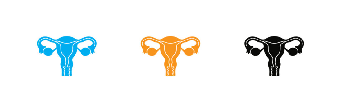 Female Reproductive Icon System and Uterus  Set Featuring Blue, Orange, and Black Uterus, Fallopian Tubes, and Ovaries Diagrams Isolated on White Background Vector Illustration for Gynecology, Women .