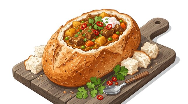 ** Delicious Beef Stew Served in Rustic Bread Bowl on Wooden Board with Herbs and Garnishes for Culinary Presentation