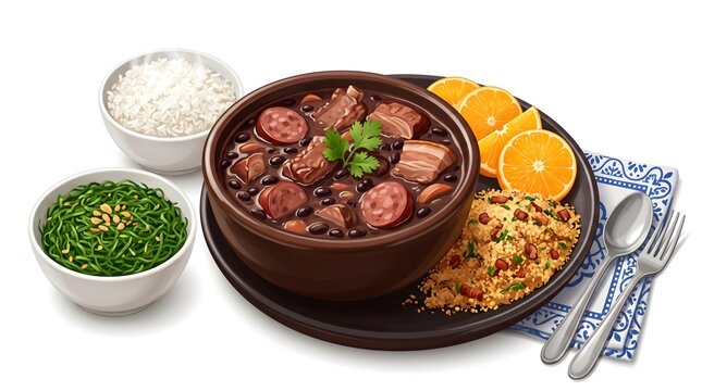 Traditional Brazilian Feijoada with Rice, Orange, and Farofa on Rustic Table Setting for Authentic Dining Experience