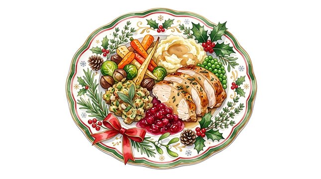 Festive christmas dinner plate with roasted turkey and vegetables isolated on white background